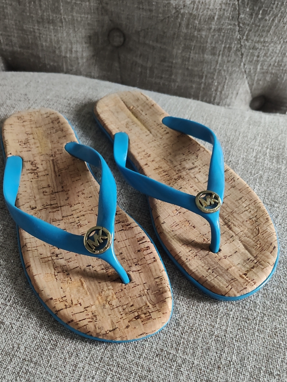 Michael Kors Turquoise Blue Cork-Style Thong Sandals with Gold MK Emblem